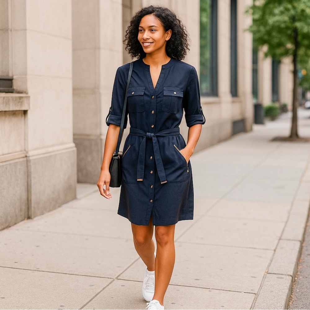 Sharagano Navy Blue Utility Dress with Gold Hardware